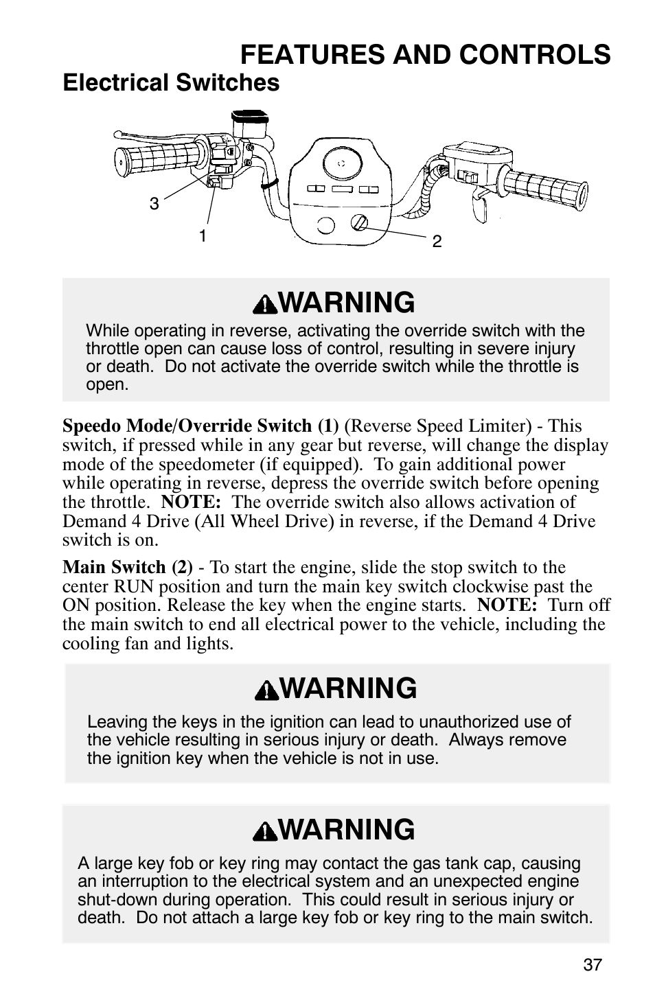Warning, Features and controls, Electrical switches | Polaris ATP 500 4x4 User Manual | Page 40 / 141