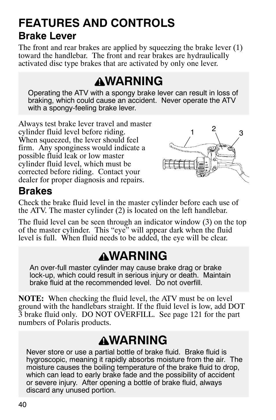 Warning, Features and controls, Brake lever | Brakes | Polaris ATP 500 4x4 User Manual | Page 43 / 141