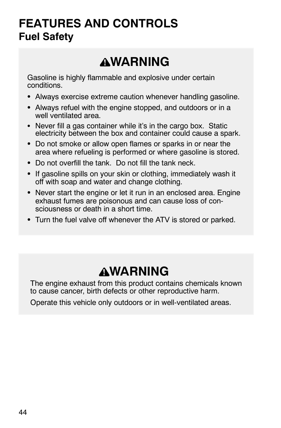 Warning, Features and controls, Fuel safety | Polaris ATP 500 4x4 User Manual | Page 47 / 141