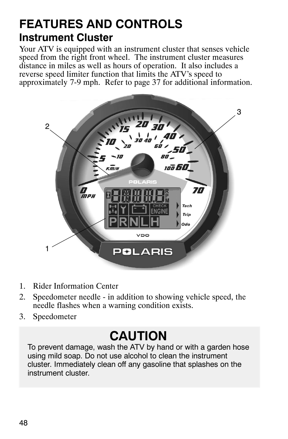 Caution, Features and controls, Instrument cluster | Polaris ATP 500 4x4 User Manual | Page 51 / 141