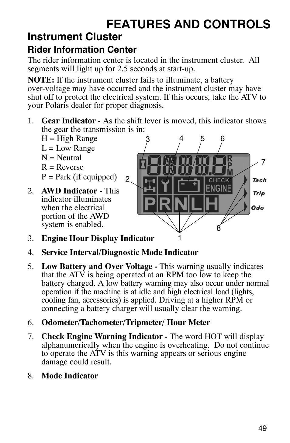 Features and controls, Instrument cluster | Polaris ATP 500 4x4 User Manual | Page 52 / 141