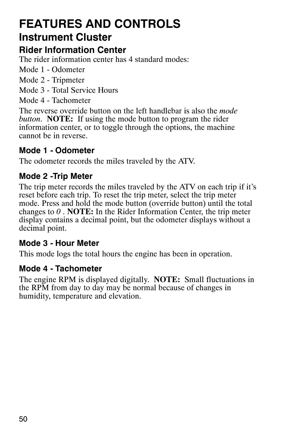 Features and controls, Instrument cluster | Polaris ATP 500 4x4 User Manual | Page 53 / 141