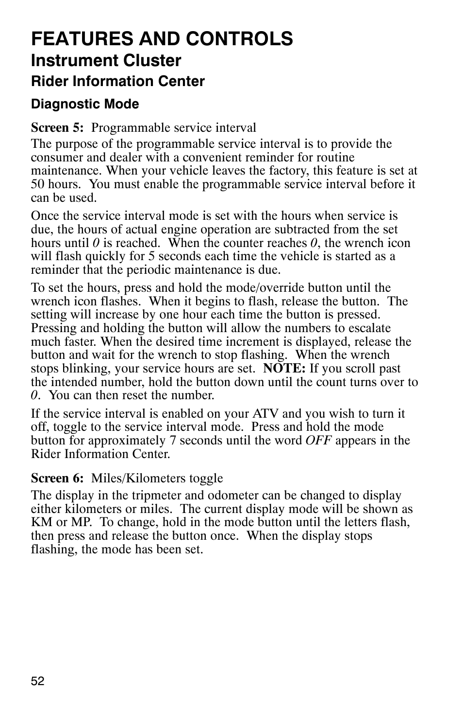 Features and controls, Instrument cluster | Polaris ATP 500 4x4 User Manual | Page 55 / 141
