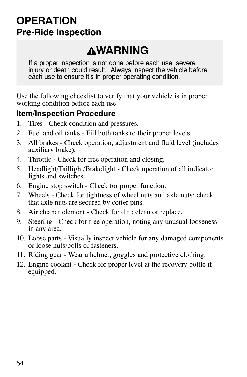 Warning, Operation, Pre-ride inspection | Polaris ATP 500 4x4 User Manual | Page 57 / 141