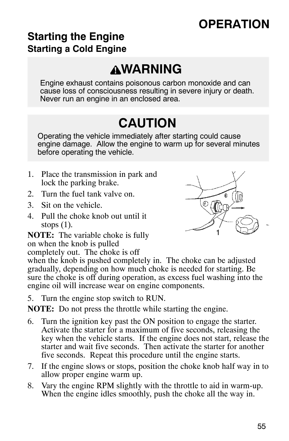 Warning, Caution, Operation | Starting the engine | Polaris ATP 500 4x4 User Manual | Page 58 / 141