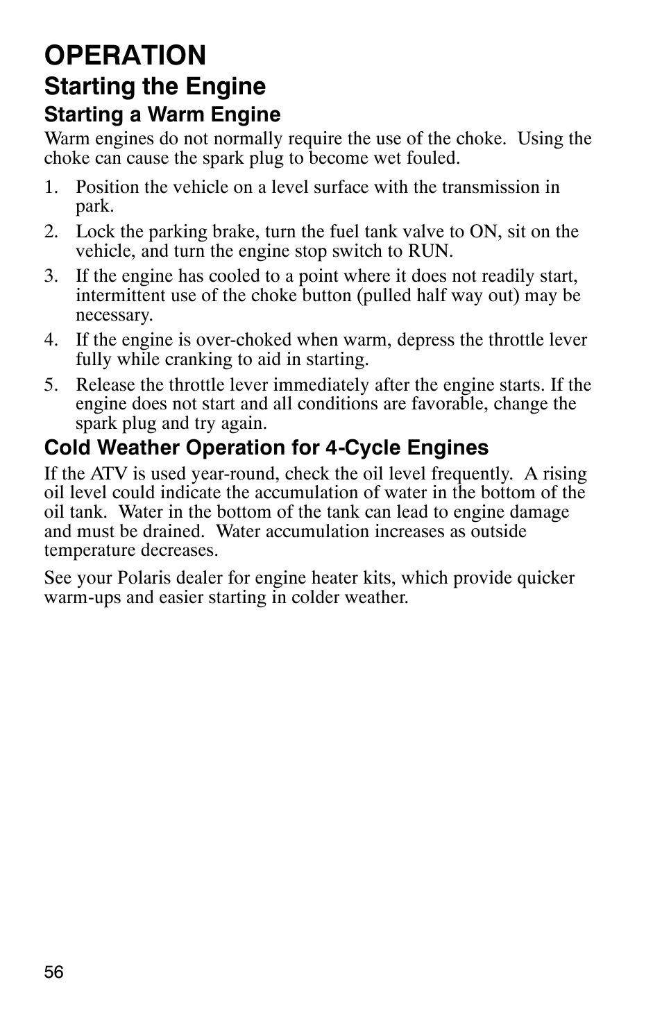 Operation, Starting the engine | Polaris ATP 500 4x4 User Manual | Page 59 / 141