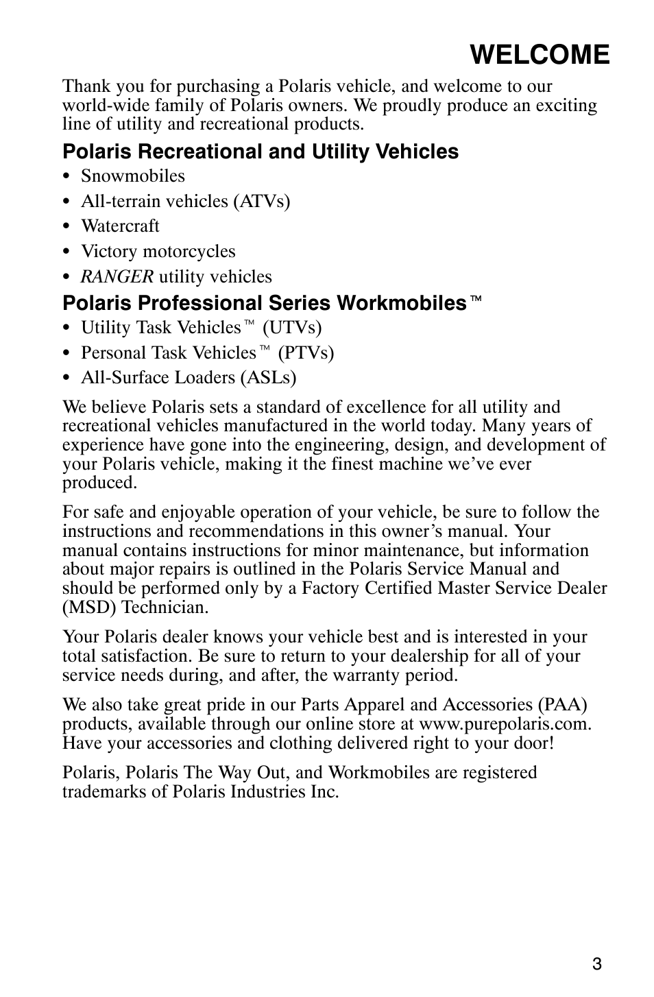 Welcome | Polaris ATP 500 4x4 User Manual | Page 6 / 141