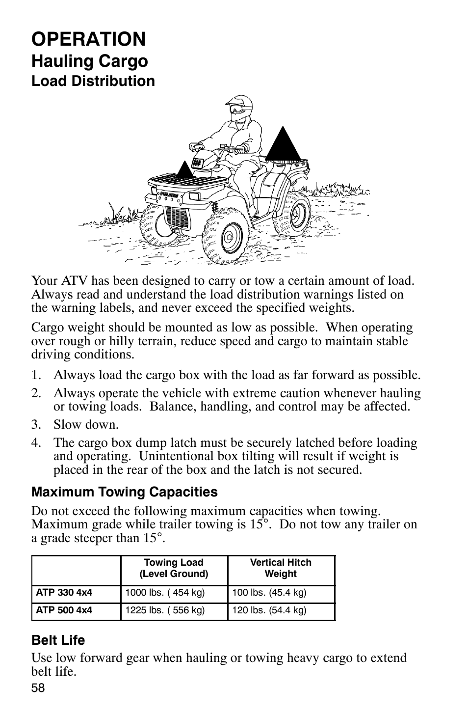 Operation, Hauling cargo, Load distribution | Polaris ATP 500 4x4 User Manual | Page 61 / 141