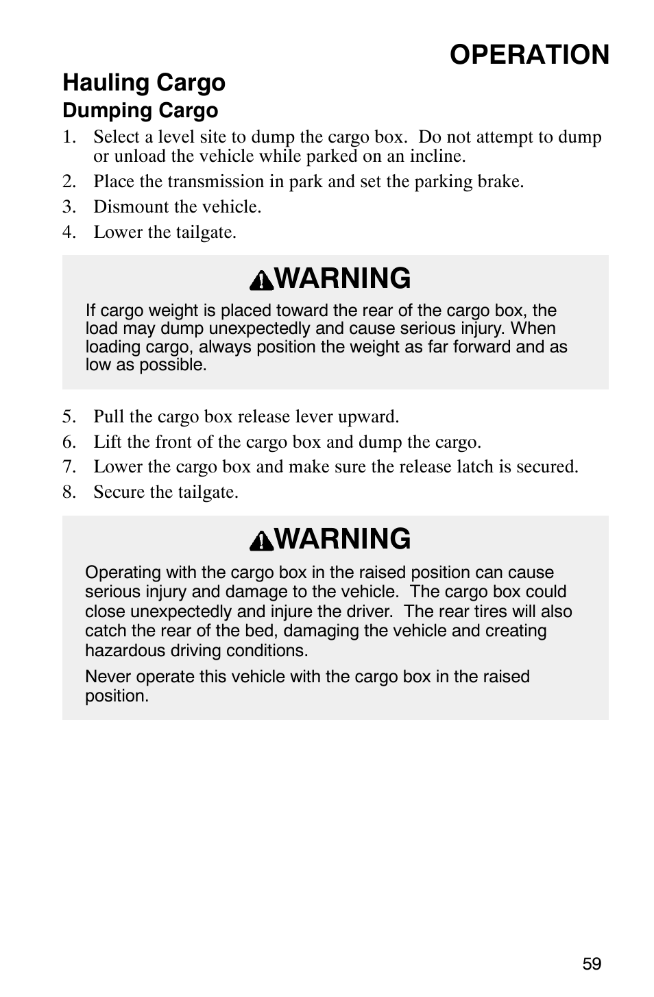 Warning, Operation, Hauling cargo | Polaris ATP 500 4x4 User Manual | Page 62 / 141