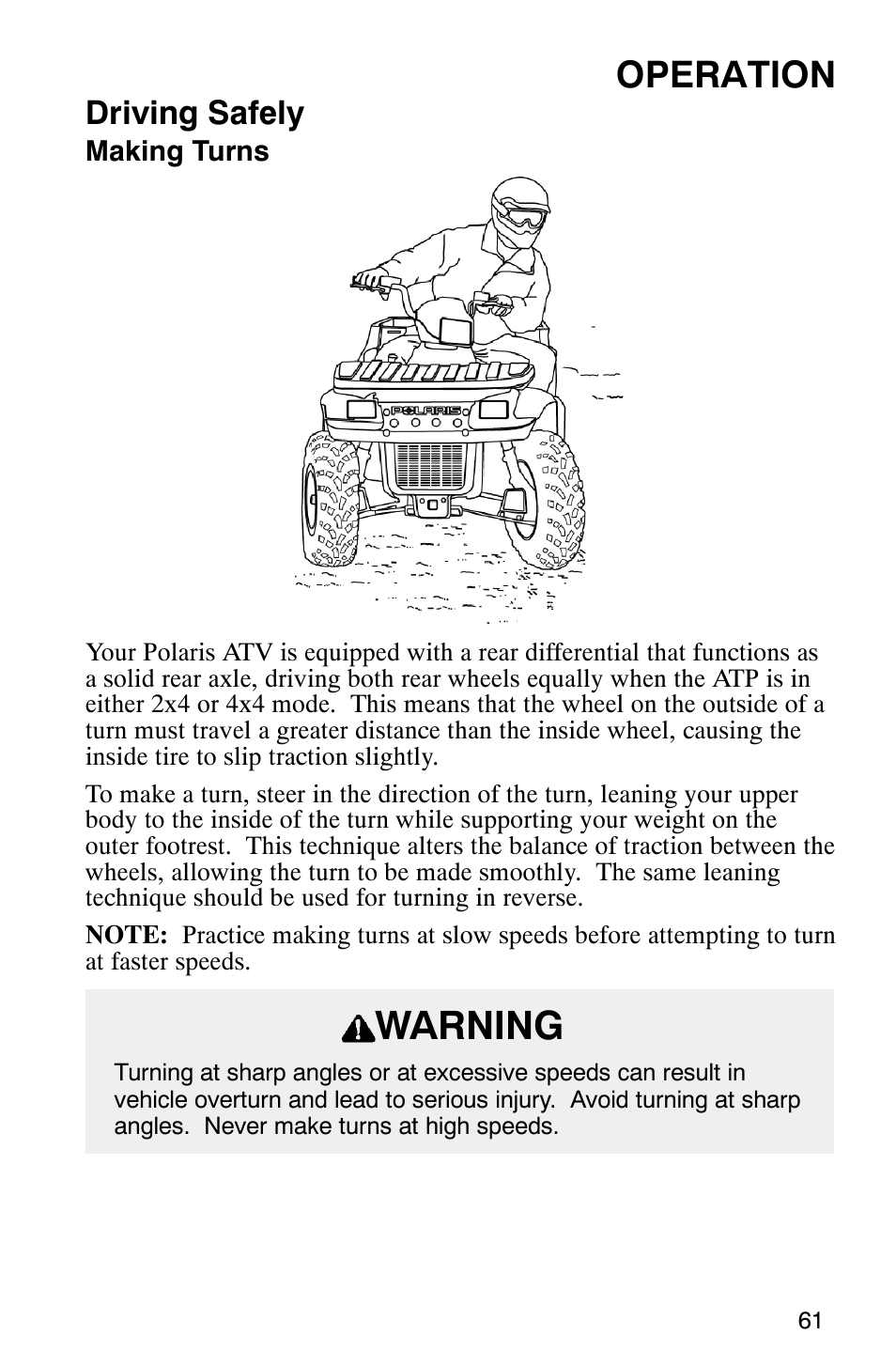 Warning, Operation, Driving safely | Polaris ATP 500 4x4 User Manual | Page 64 / 141