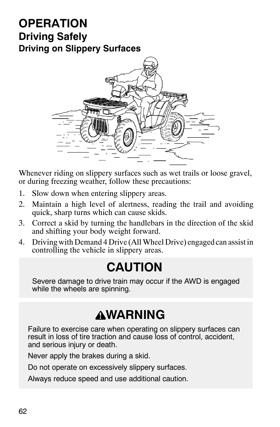 Caution warning, Operation, Driving safely | Polaris ATP 500 4x4 User Manual | Page 65 / 141