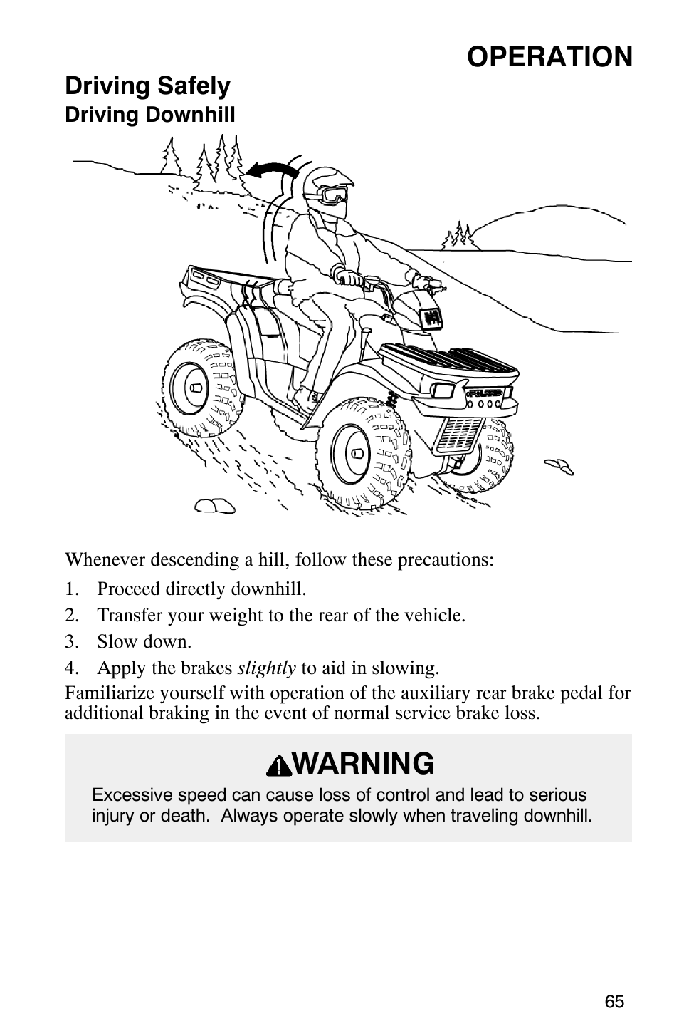 Warning, Operation, Driving safely | Polaris ATP 500 4x4 User Manual | Page 68 / 141