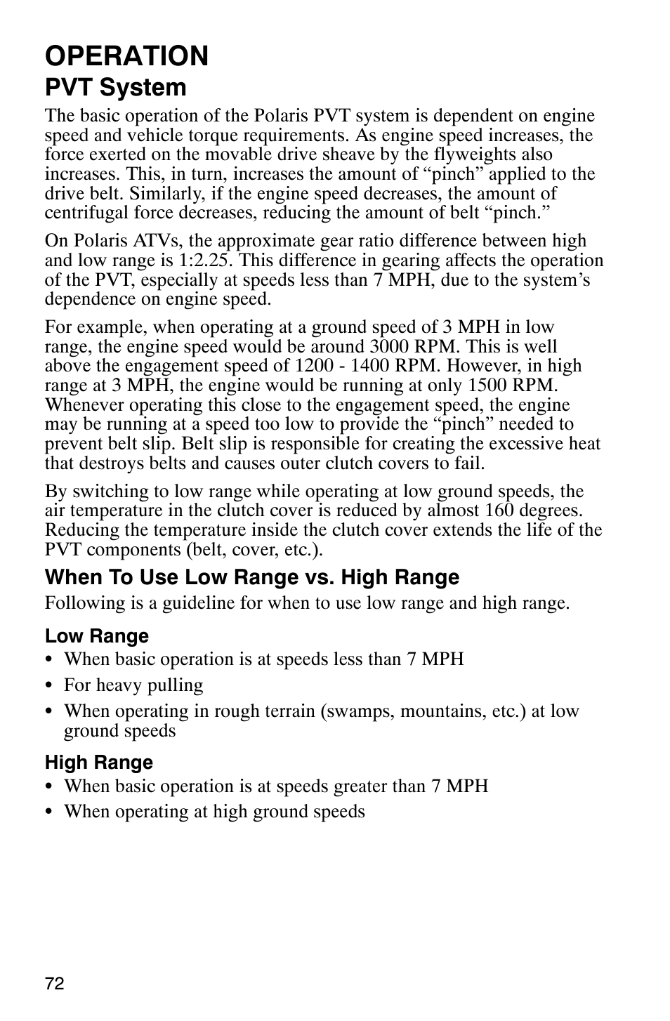 Operation, Pvt system | Polaris ATP 500 4x4 User Manual | Page 75 / 141