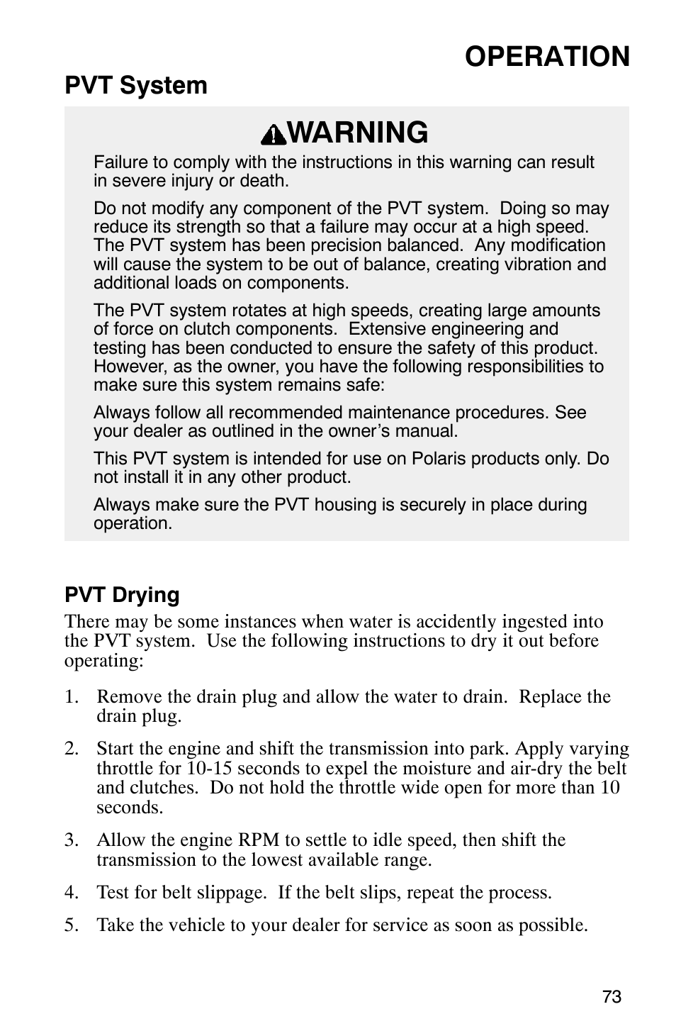Warning, Operation, Pvt system | Polaris ATP 500 4x4 User Manual | Page 76 / 141