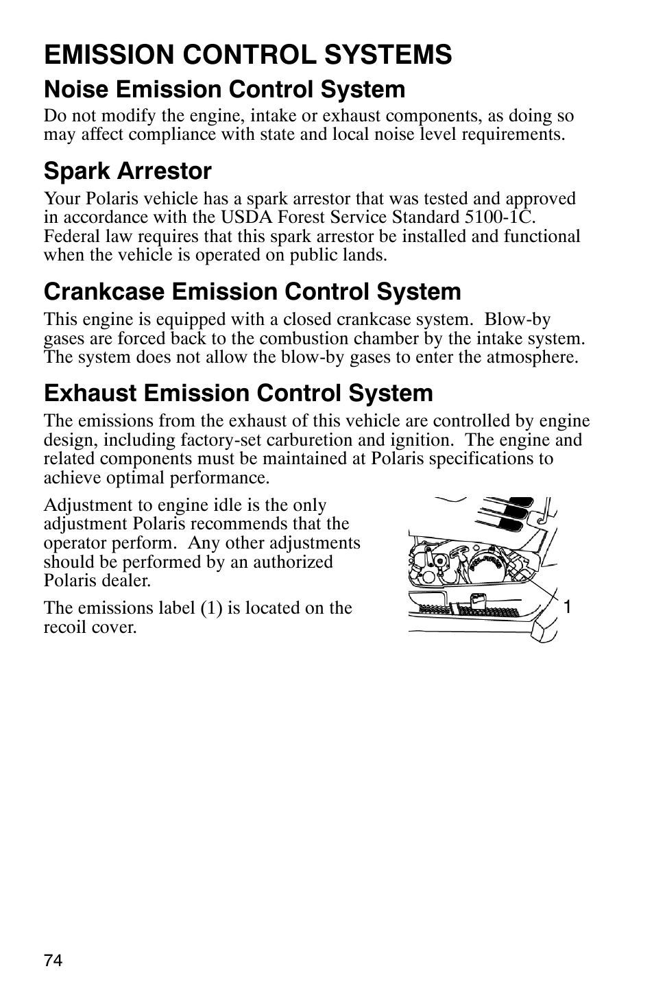 Emission control systems, Noise emission control system, Spark arrestor | Crankcase emission control system, Exhaust emission control system | Polaris ATP 500 4x4 User Manual | Page 77 / 141