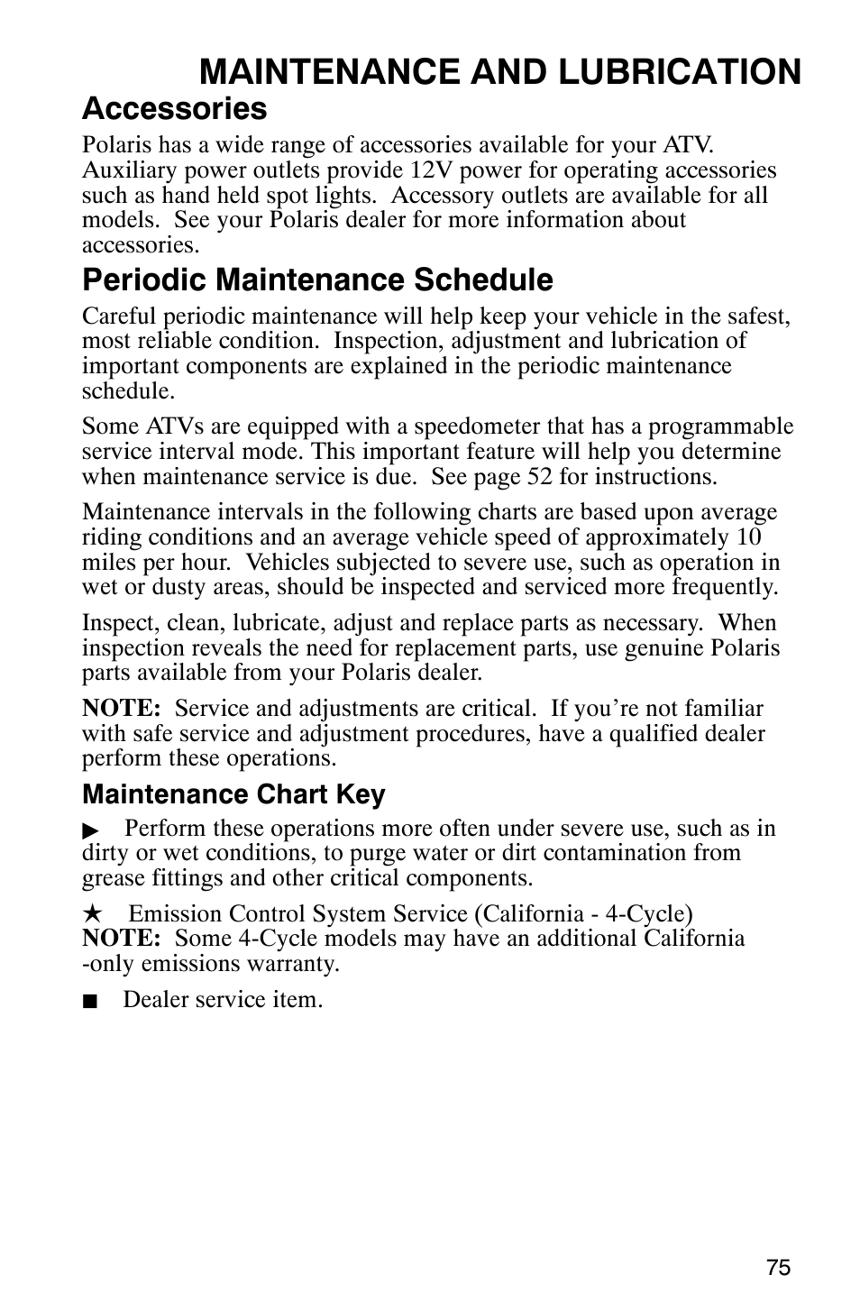 Maintenance and lubrication, Accessories, Periodic maintenance schedule | Polaris ATP 500 4x4 User Manual | Page 78 / 141