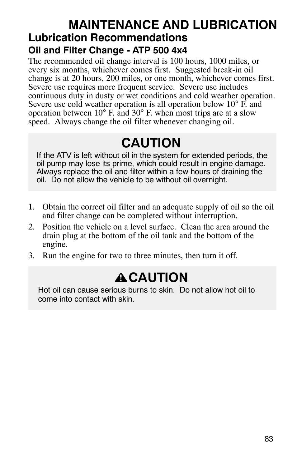 Caution, Maintenance and lubrication, Lubrication recommendations | Polaris ATP 500 4x4 User Manual | Page 86 / 141