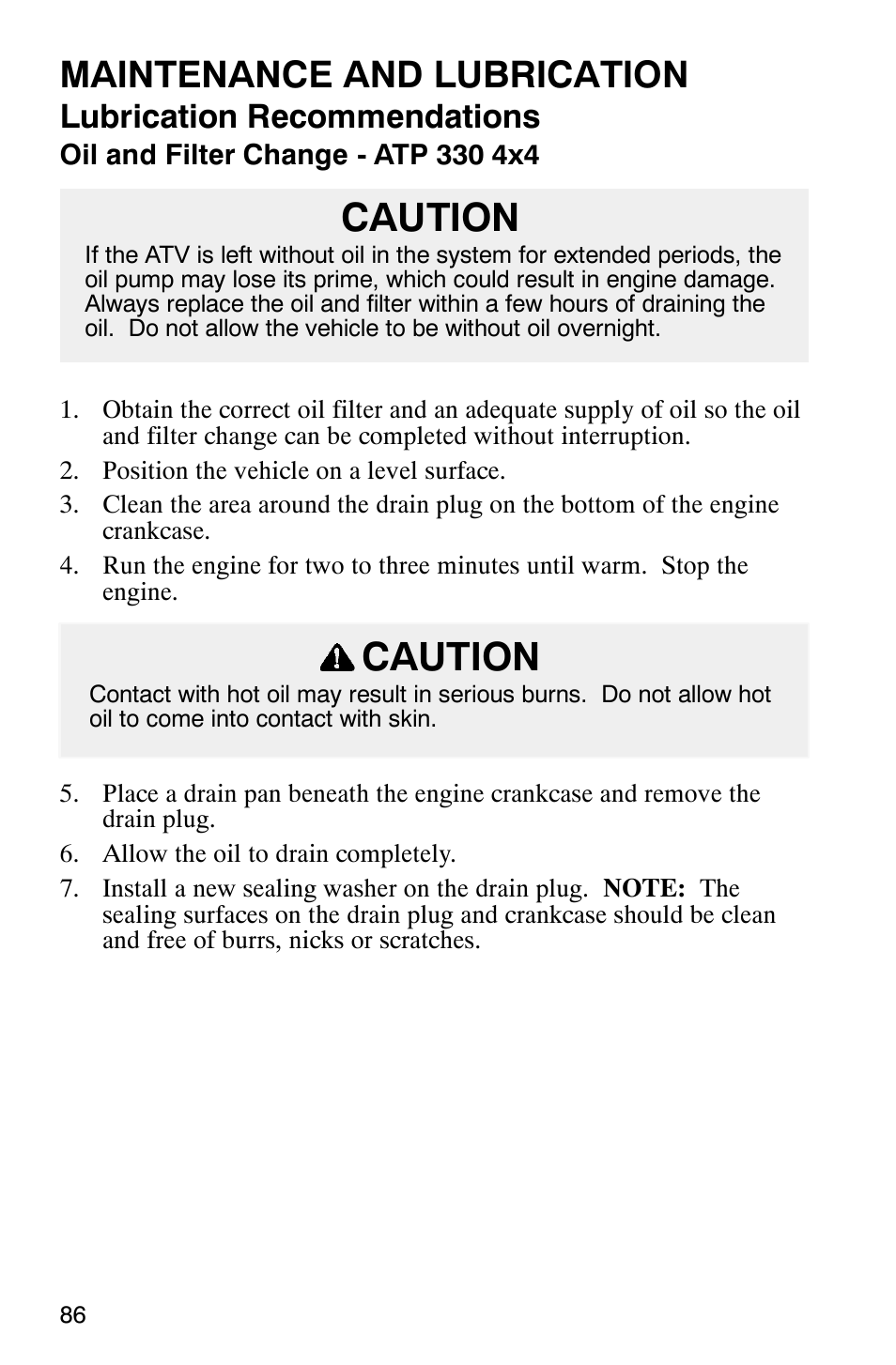 Caution, Maintenance and lubrication, Lubrication recommendations | Polaris ATP 500 4x4 User Manual | Page 89 / 141