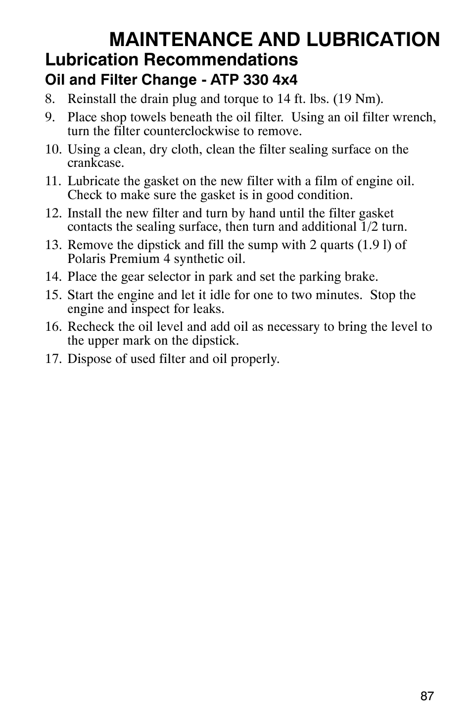 Maintenance and lubrication, Lubrication recommendations | Polaris ATP 500 4x4 User Manual | Page 90 / 141