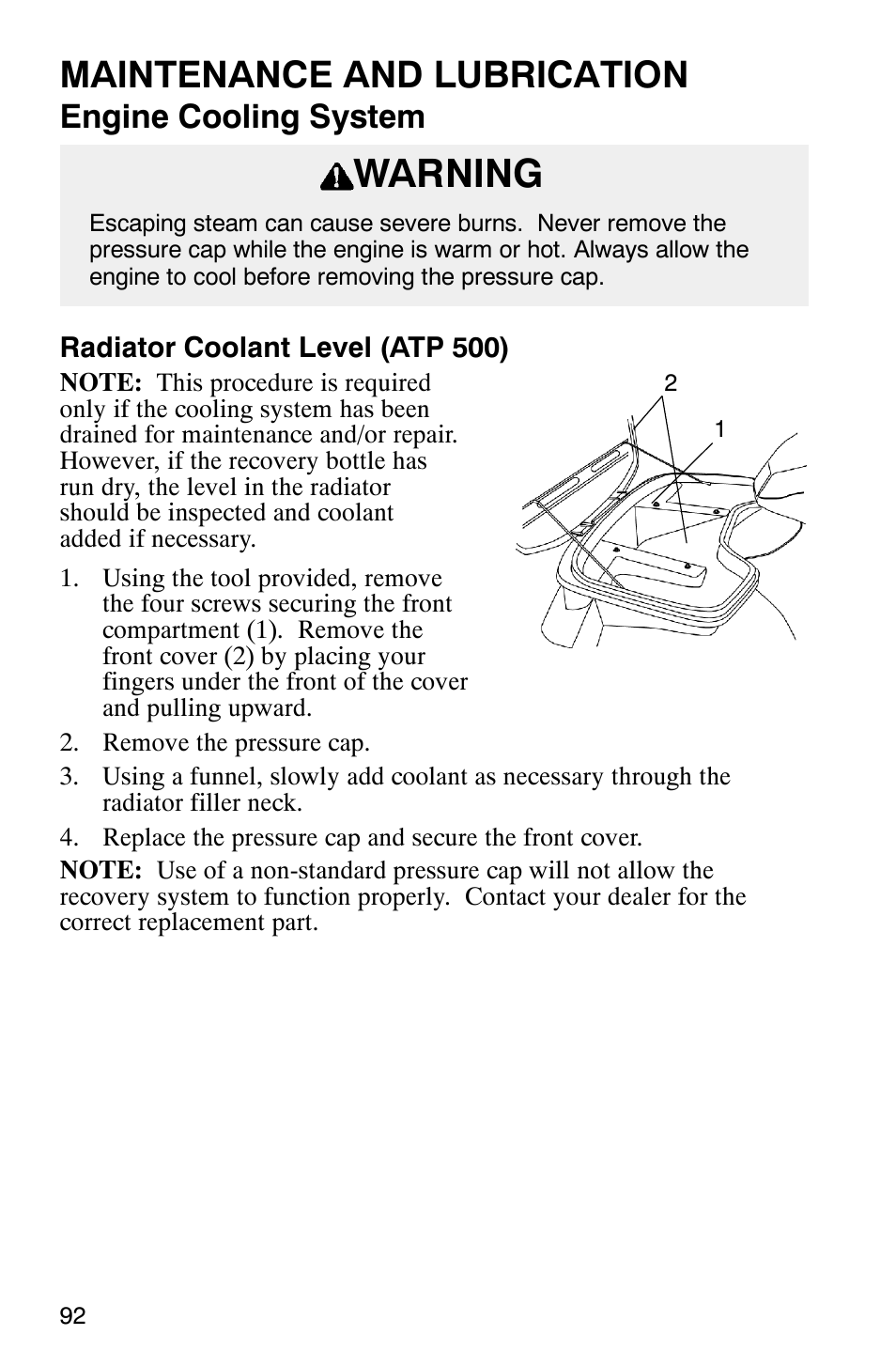 Warning, Maintenance and lubrication, Engine cooling system | Polaris ATP 500 4x4 User Manual | Page 95 / 141