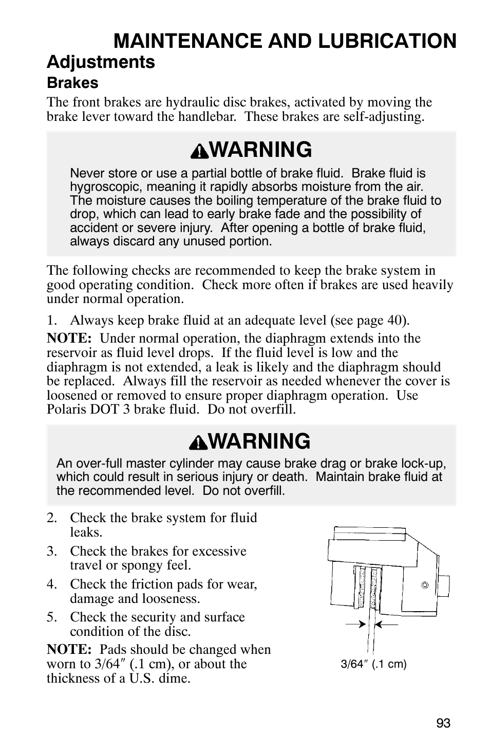 Warning, Maintenance and lubrication, Adjustments | Polaris ATP 500 4x4 User Manual | Page 96 / 141