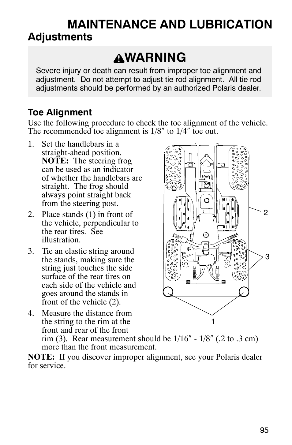 Warning, Maintenance and lubrication, Adjustments | Polaris ATP 500 4x4 User Manual | Page 98 / 141