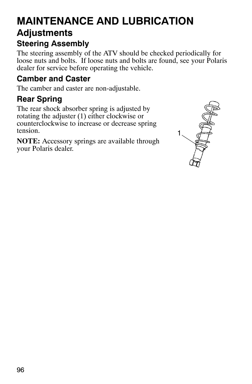 Maintenance and lubrication, Adjustments | Polaris ATP 500 4x4 User Manual | Page 99 / 141