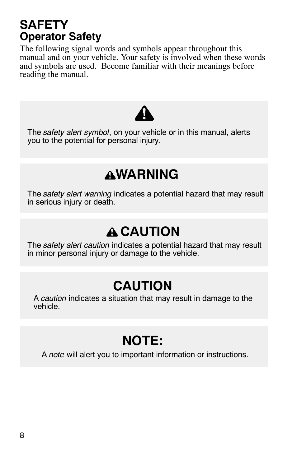 Caution warning, Safety, Operator safety | Polaris 340 Classic User Manual | Page 10 / 144