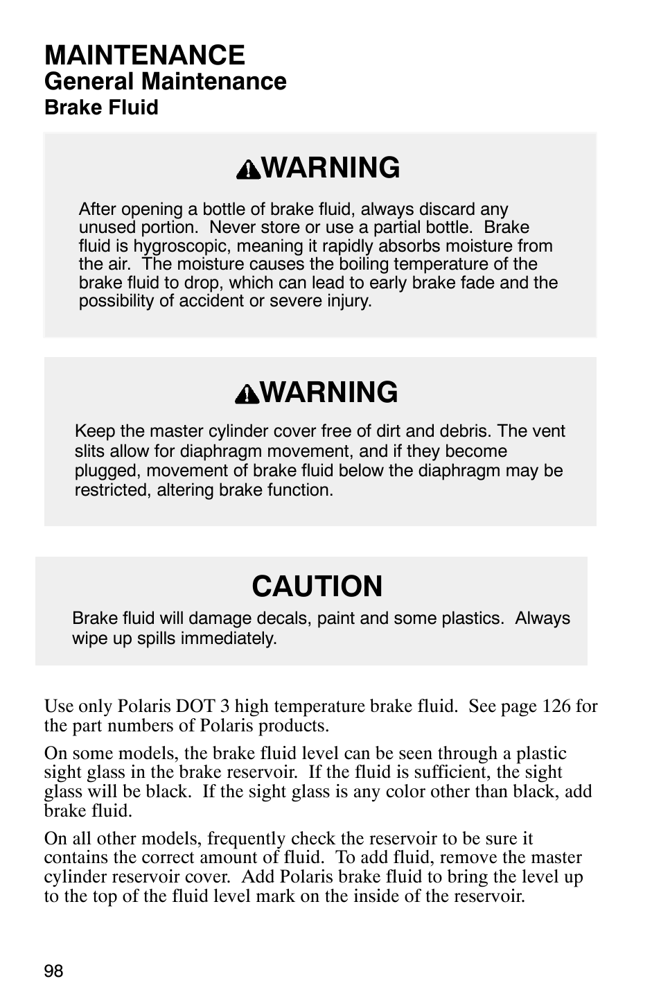 Warning, Caution, Maintenance | General maintenance | Polaris 340 Classic User Manual | Page 100 / 144