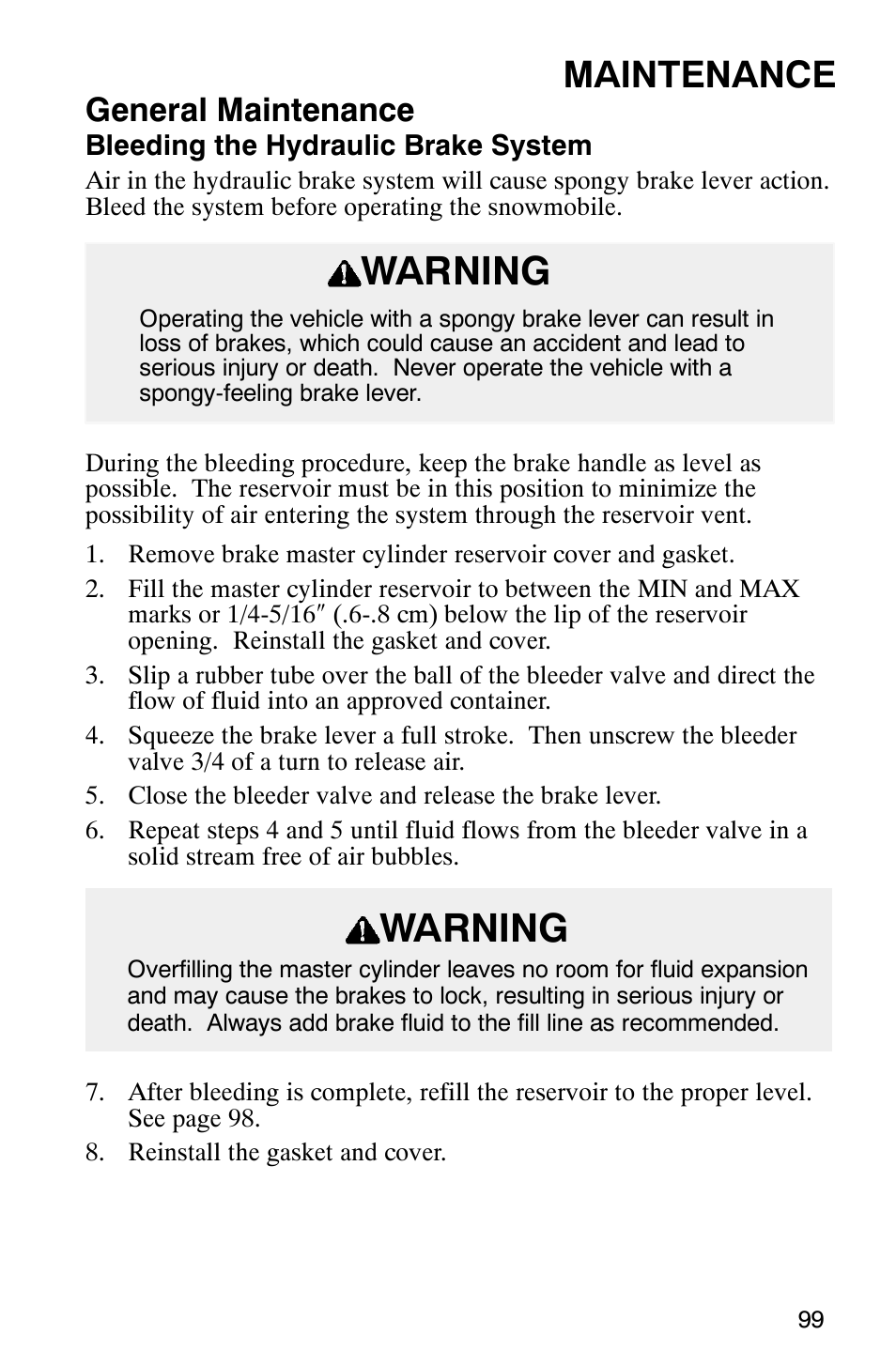 Warning, Maintenance, General maintenance | Polaris 340 Classic User Manual | Page 101 / 144