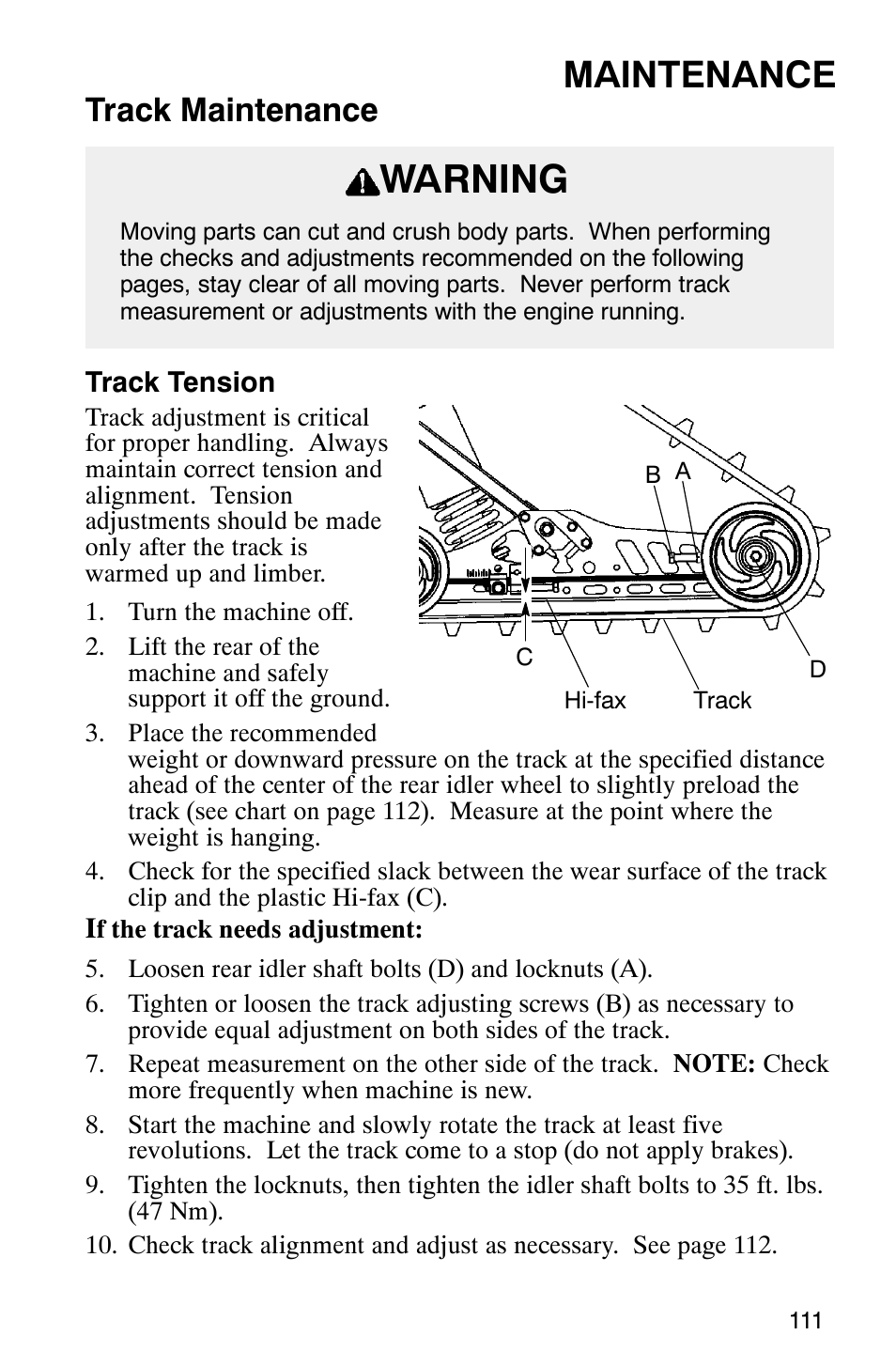 Warning, Maintenance, Track maintenance | Polaris 340 Classic User Manual | Page 113 / 144