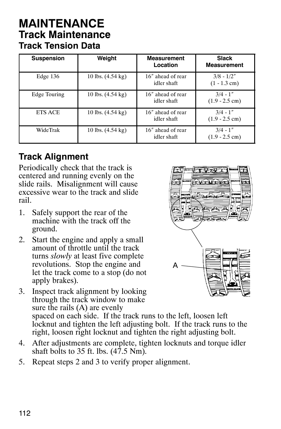 Maintenance, Track maintenance, Track tension data | Track alignment | Polaris 340 Classic User Manual | Page 114 / 144