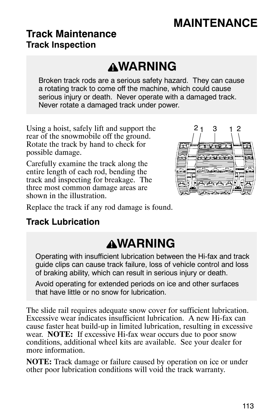 Warning, Maintenance, Track maintenance | Polaris 340 Classic User Manual | Page 115 / 144