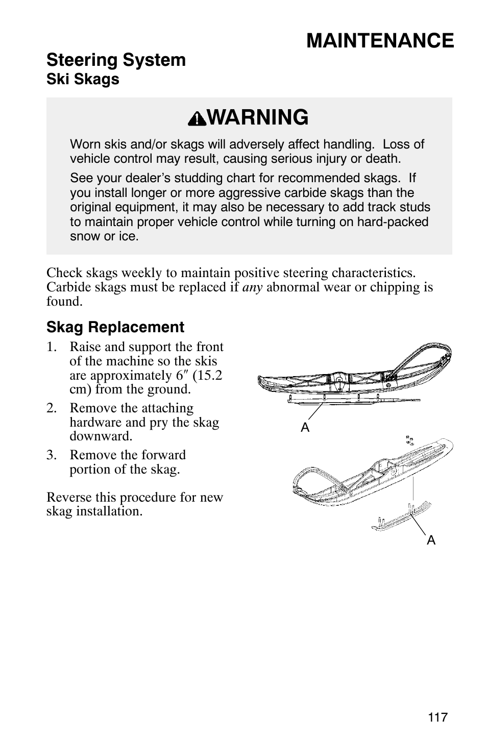 Warning, Maintenance, Steering system | Polaris 340 Classic User Manual | Page 119 / 144