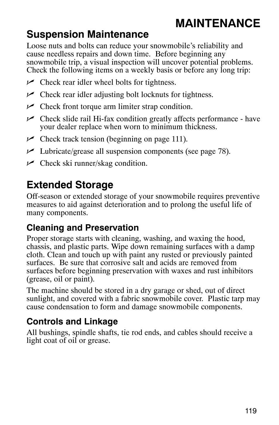 Maintenance, Suspension maintenance, Extended storage | Polaris 340 Classic User Manual | Page 121 / 144