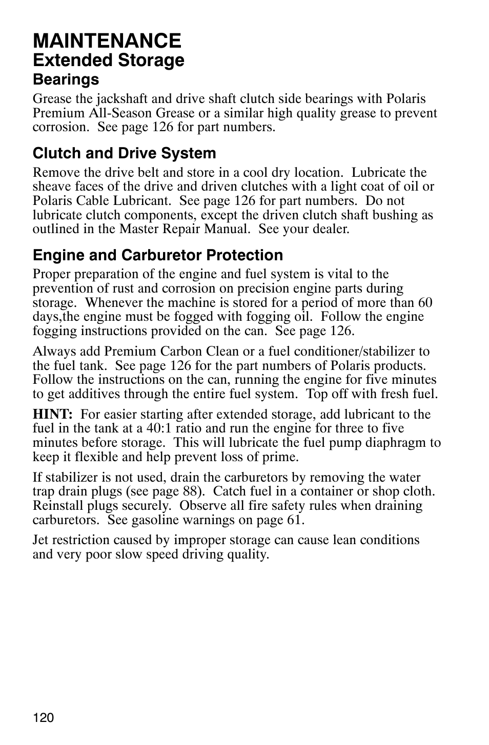 Maintenance, Extended storage | Polaris 340 Classic User Manual | Page 122 / 144