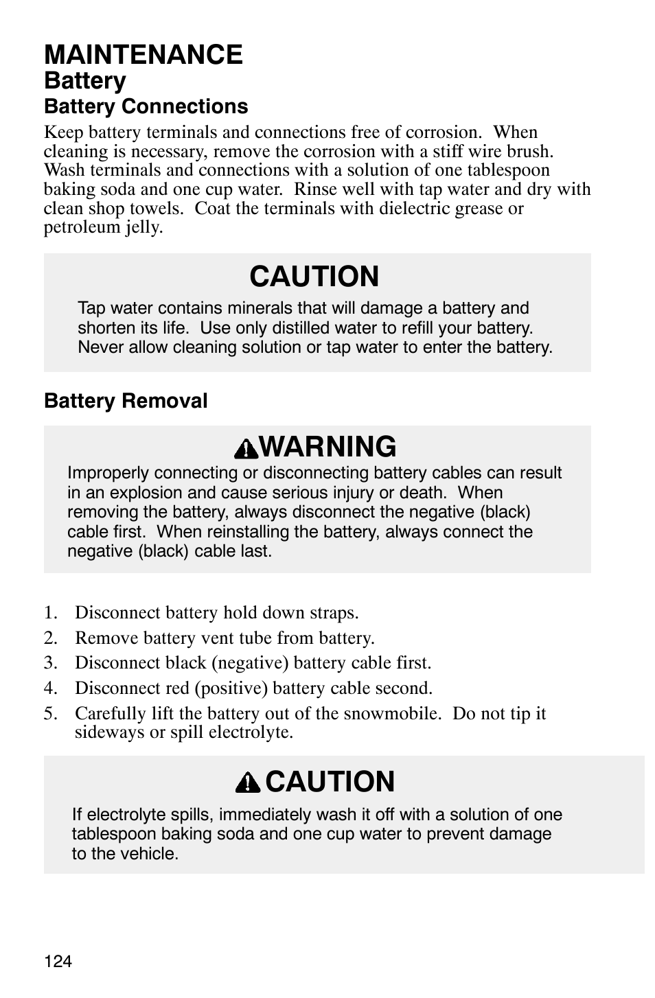 Caution, Warning, Maintenance | Battery | Polaris 340 Classic User Manual | Page 126 / 144