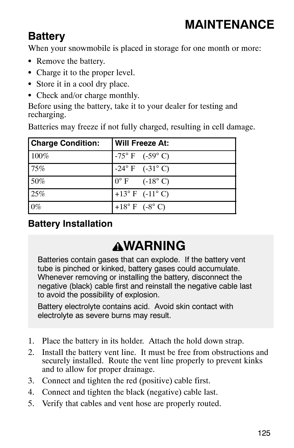 Warning, Maintenance, Battery | Polaris 340 Classic User Manual | Page 127 / 144