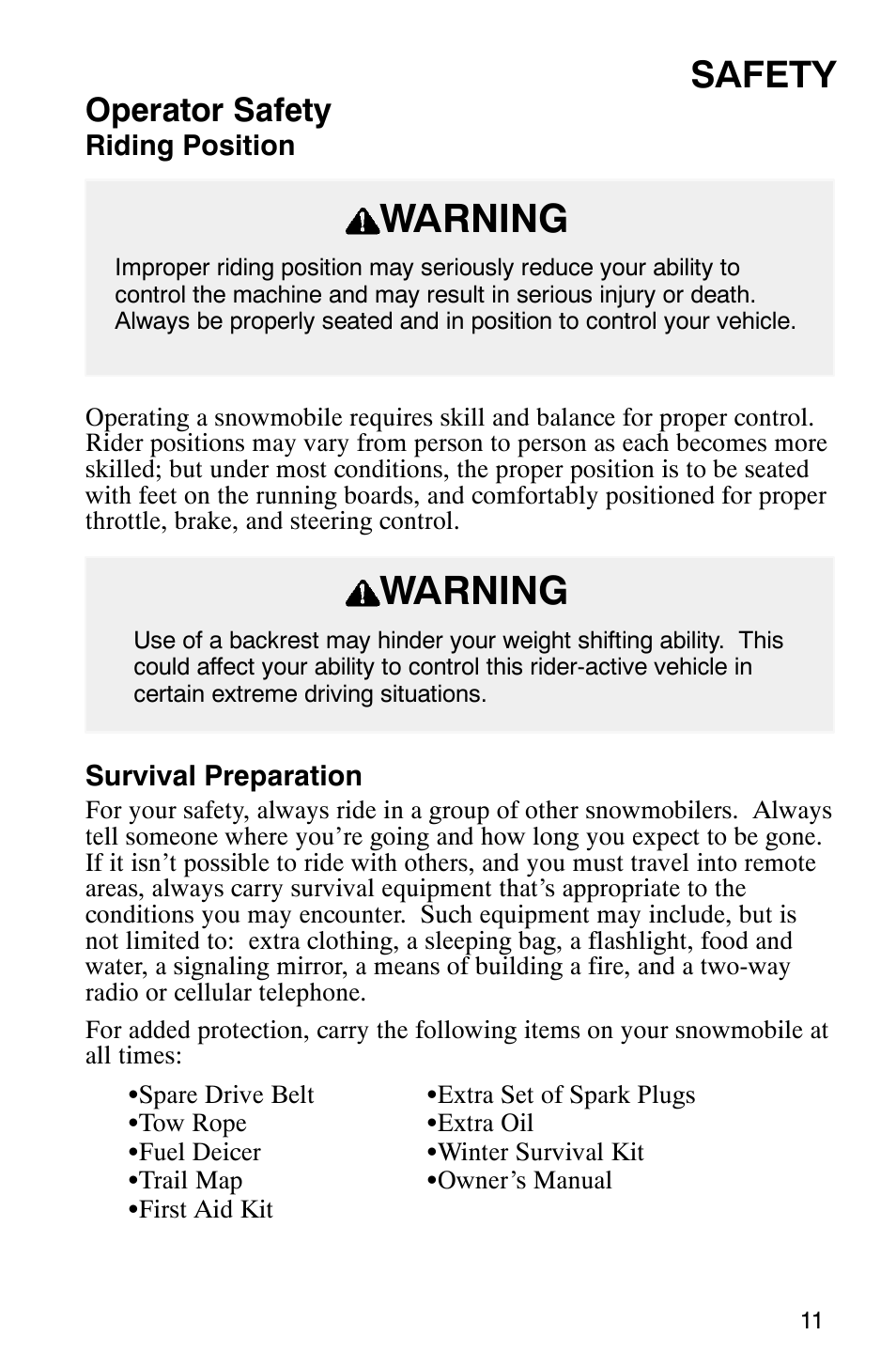 Warning, Safety, Operator safety | Polaris 340 Classic User Manual | Page 13 / 144