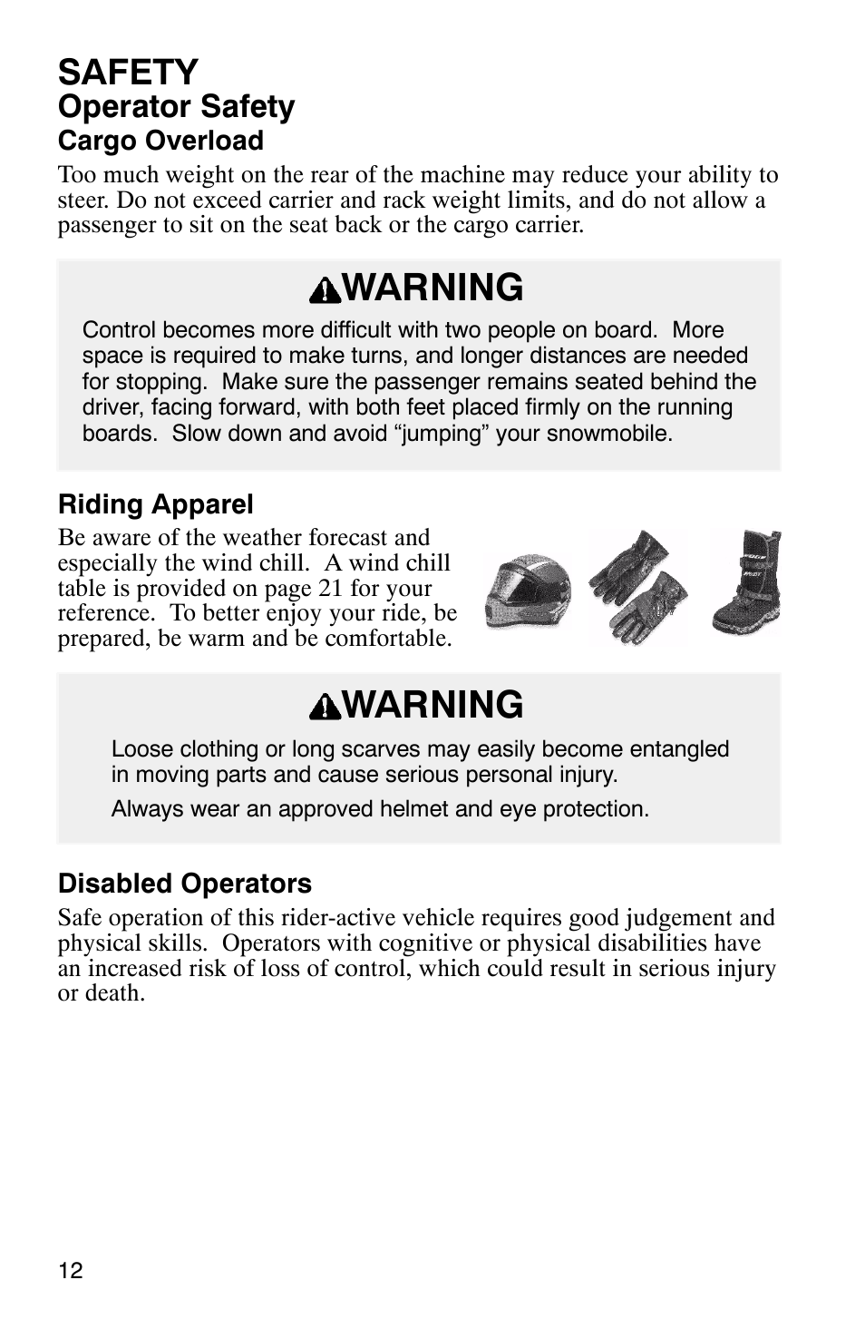 Warning, Safety, Operator safety | Polaris 340 Classic User Manual | Page 14 / 144