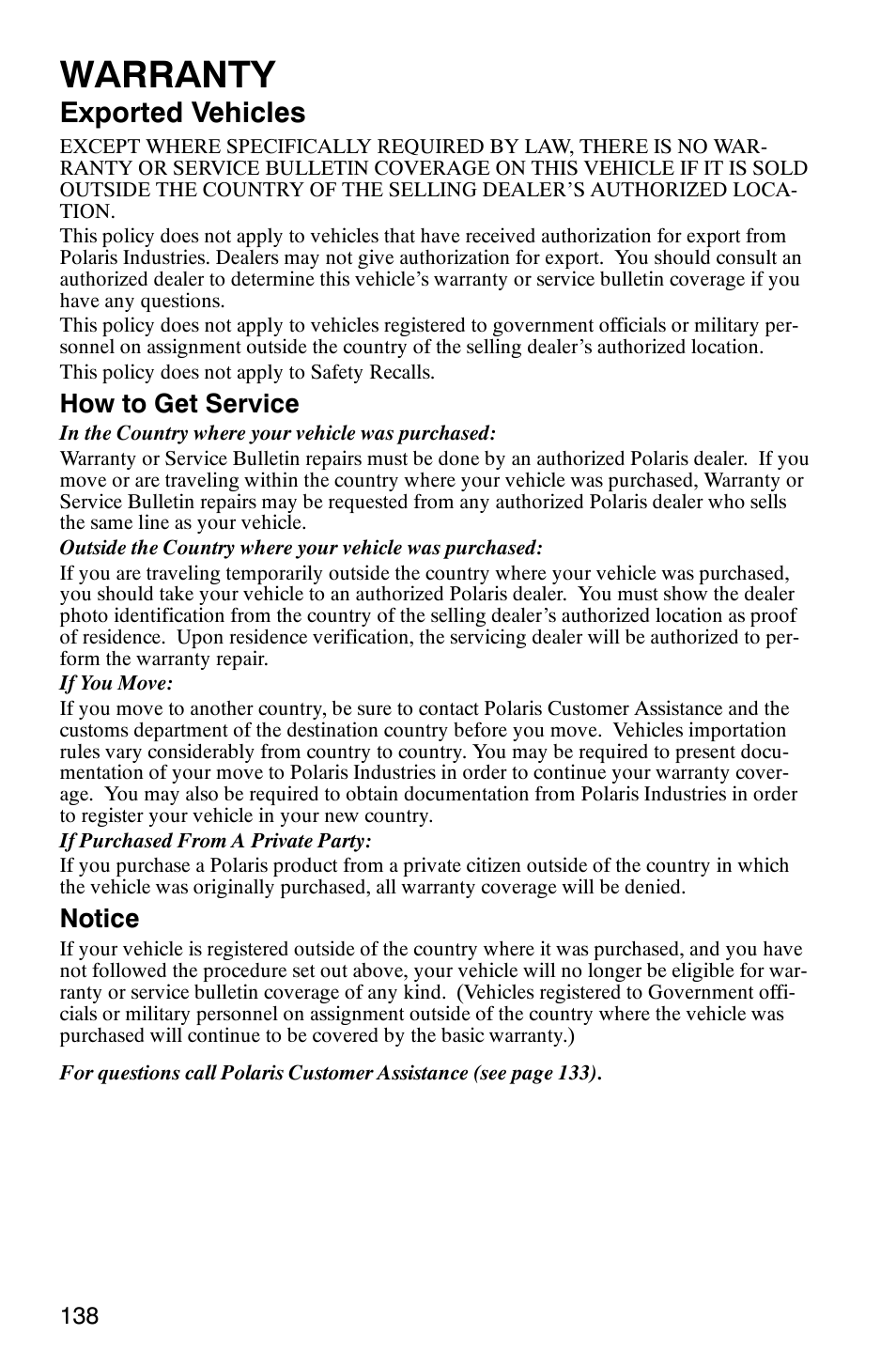 Warranty, Exported vehicles, How to get service | Notice | Polaris 340 Classic User Manual | Page 140 / 144