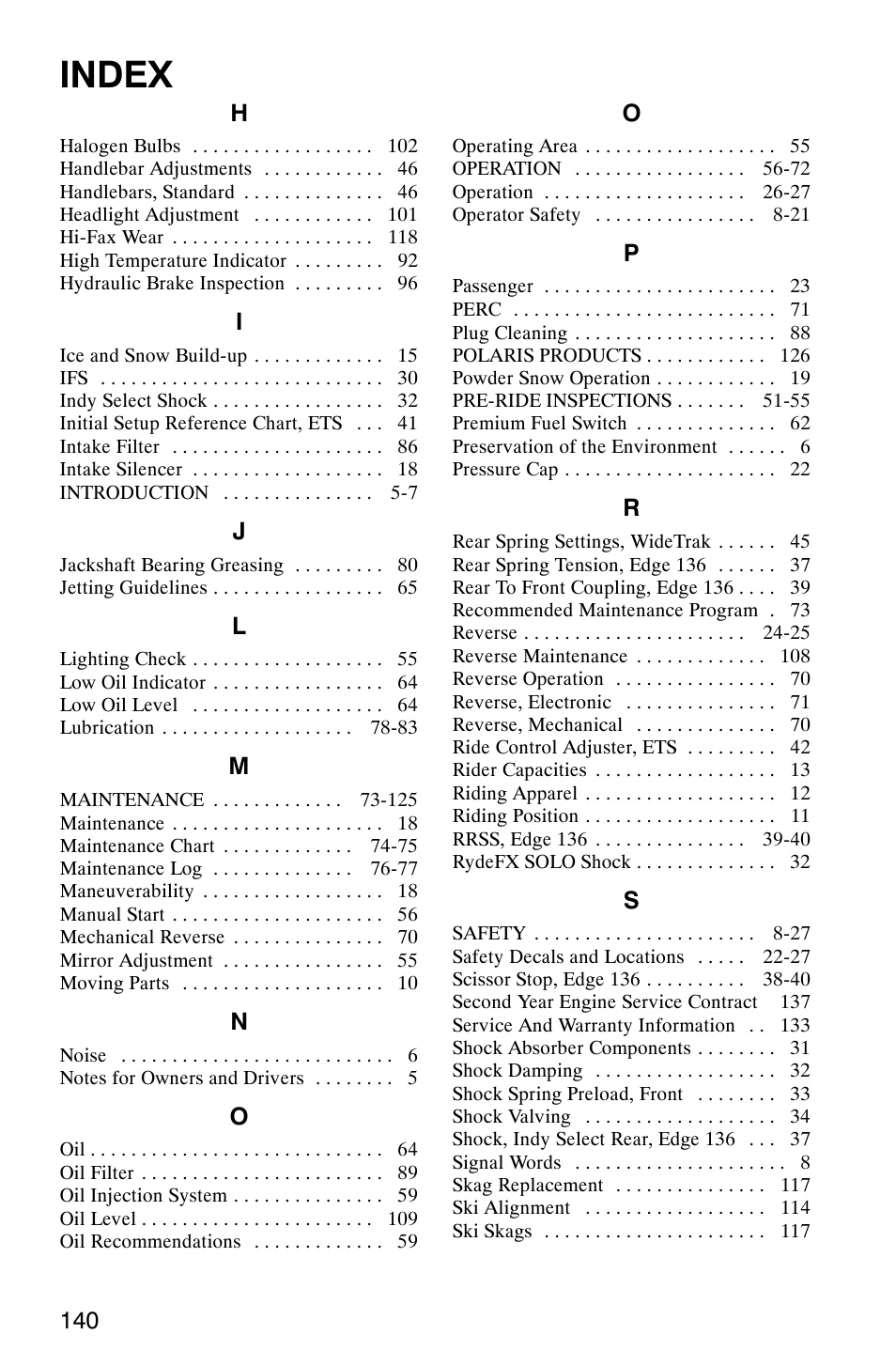 Index | Polaris 340 Classic User Manual | Page 142 / 144