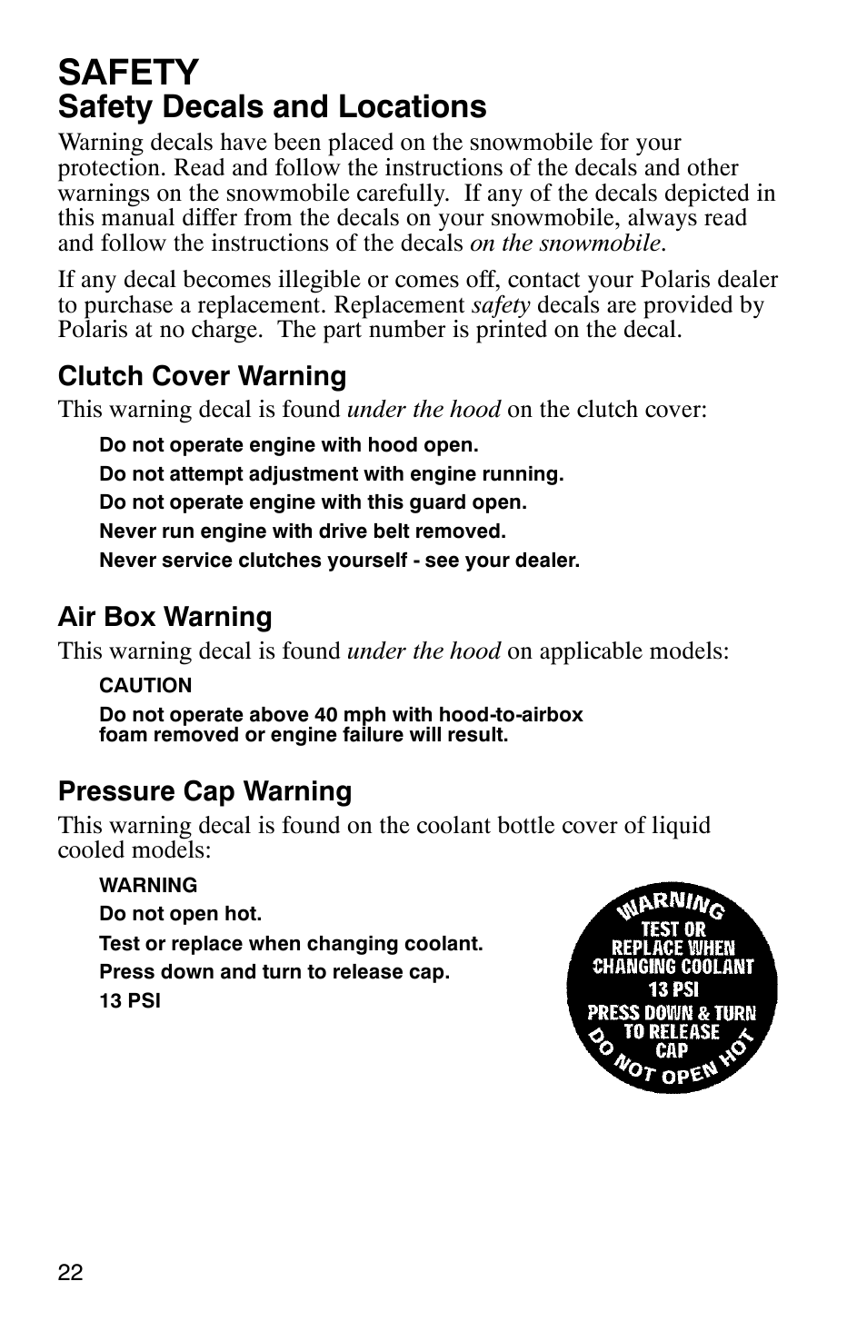 Safety, Safety decals and locations | Polaris 340 Classic User Manual | Page 24 / 144