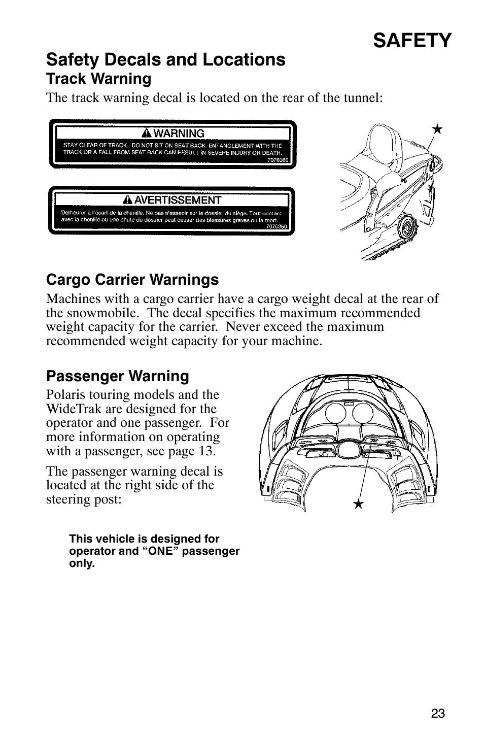 Safety, Safety decals and locations | Polaris 340 Classic User Manual | Page 25 / 144