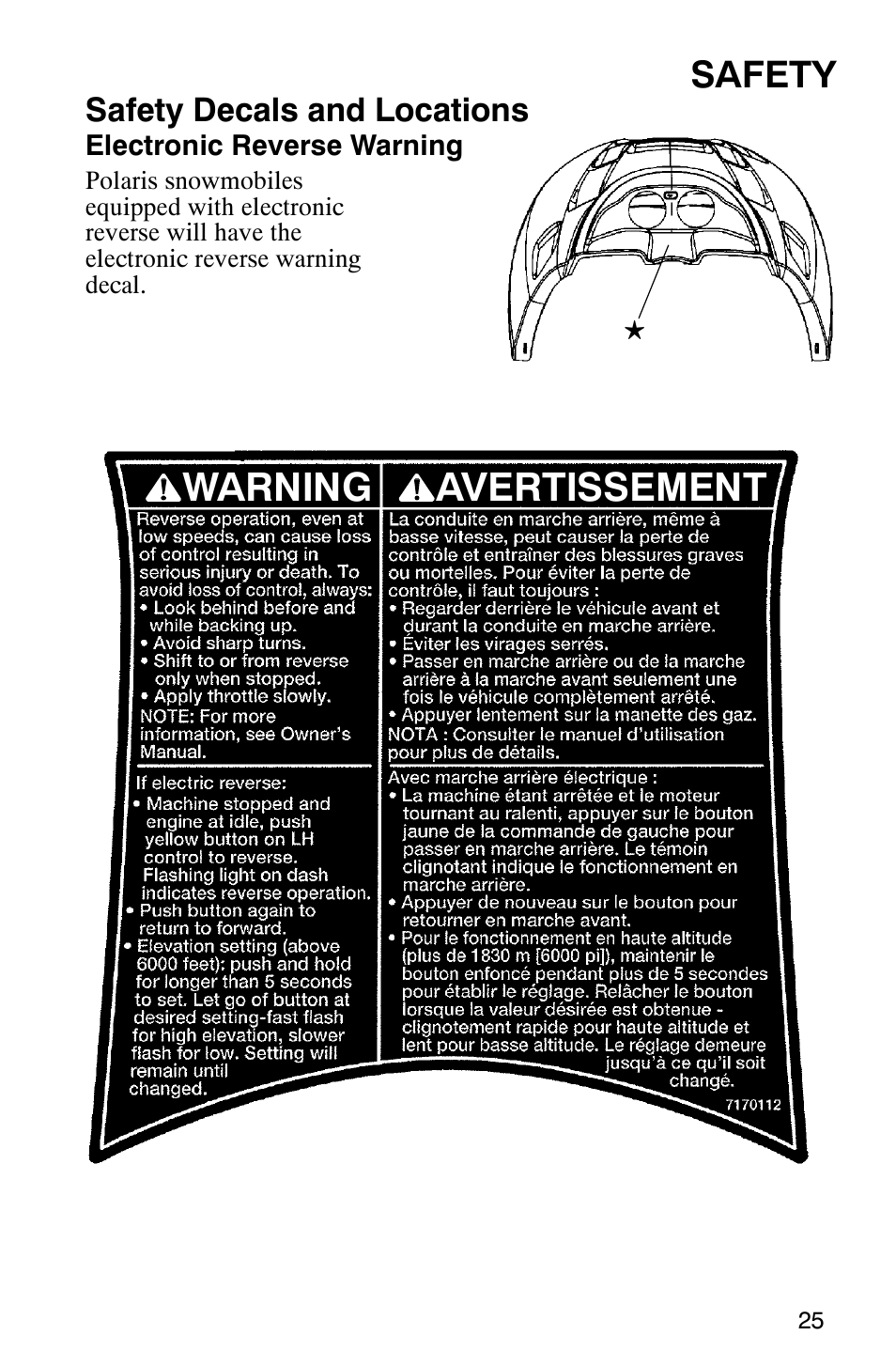 Warning avertissement, Safety, Safety decals and locations | Polaris 340 Classic User Manual | Page 27 / 144