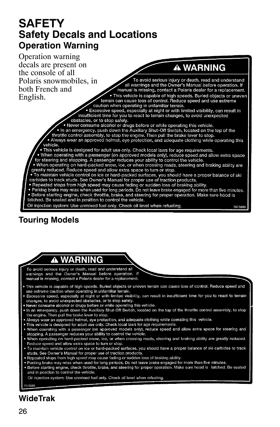 Safety, Safety decals and locations | Polaris 340 Classic User Manual | Page 28 / 144