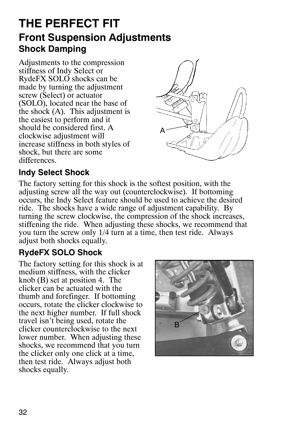 The perfect fit, Front suspension adjustments | Polaris 340 Classic User Manual | Page 34 / 144