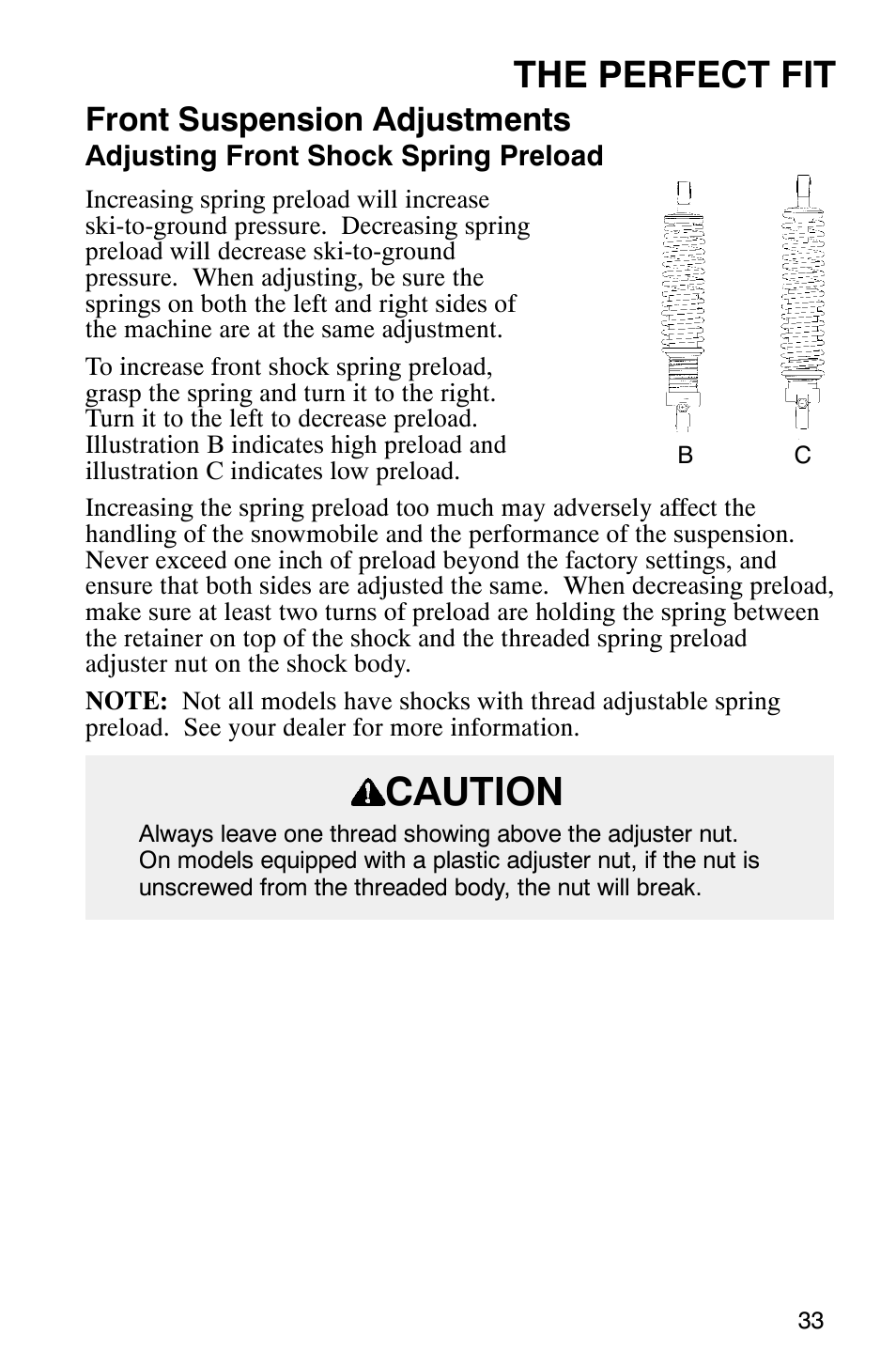 Caution, The perfect fit, Front suspension adjustments | Polaris 340 Classic User Manual | Page 35 / 144