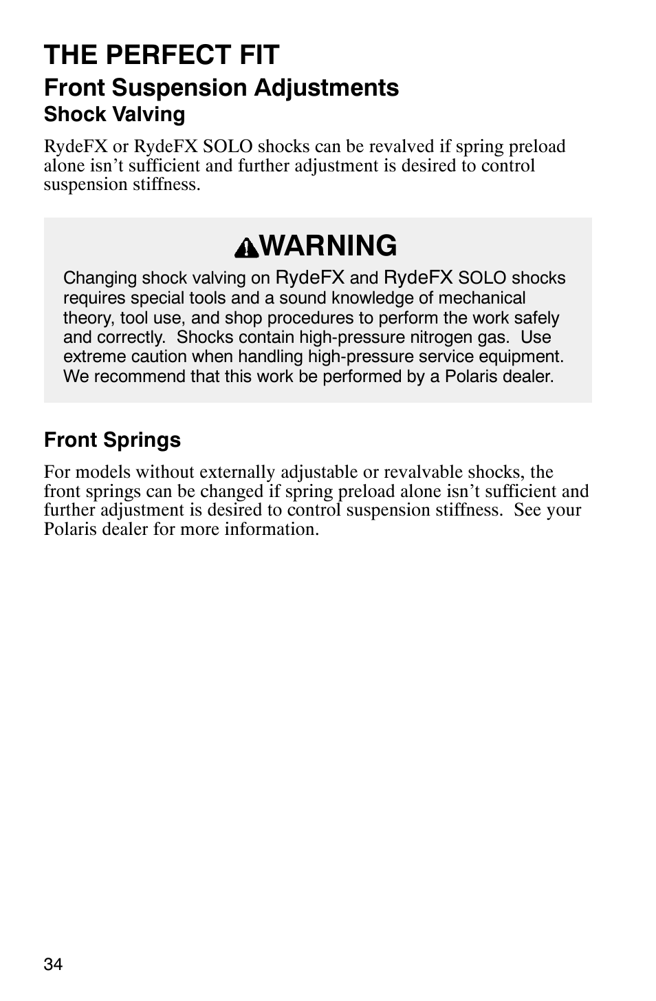 Warning, The perfect fit, Front suspension adjustments | Polaris 340 Classic User Manual | Page 36 / 144