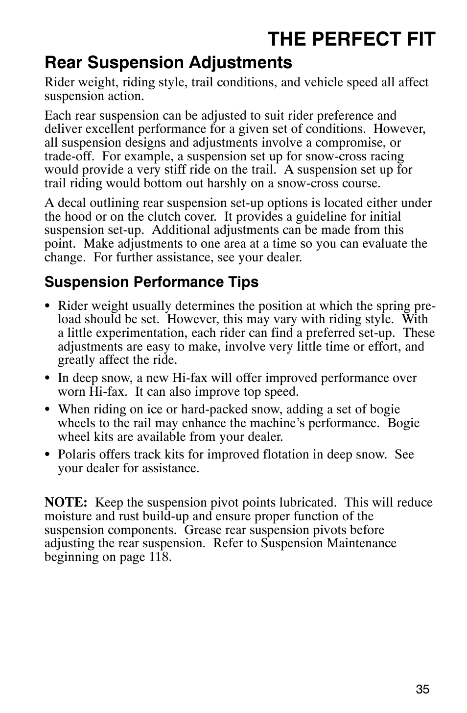 The perfect fit, Rear suspension adjustments | Polaris 340 Classic User Manual | Page 37 / 144